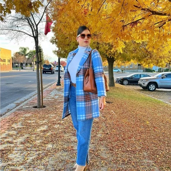 Rachel Zoe Light Blue Plaid Wool-Blend Trench Coat - Picture 9 of 9